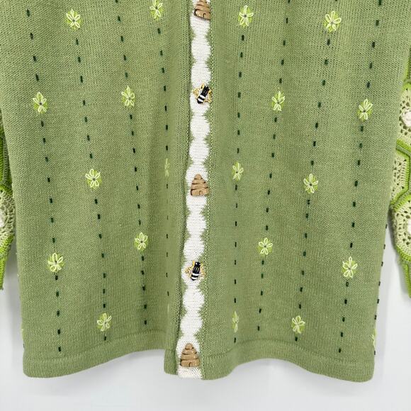Storybook Knits Vintage 90s Bee Sweater Crochet Granny Square Chunky Cardigan - Picture 3 of 12